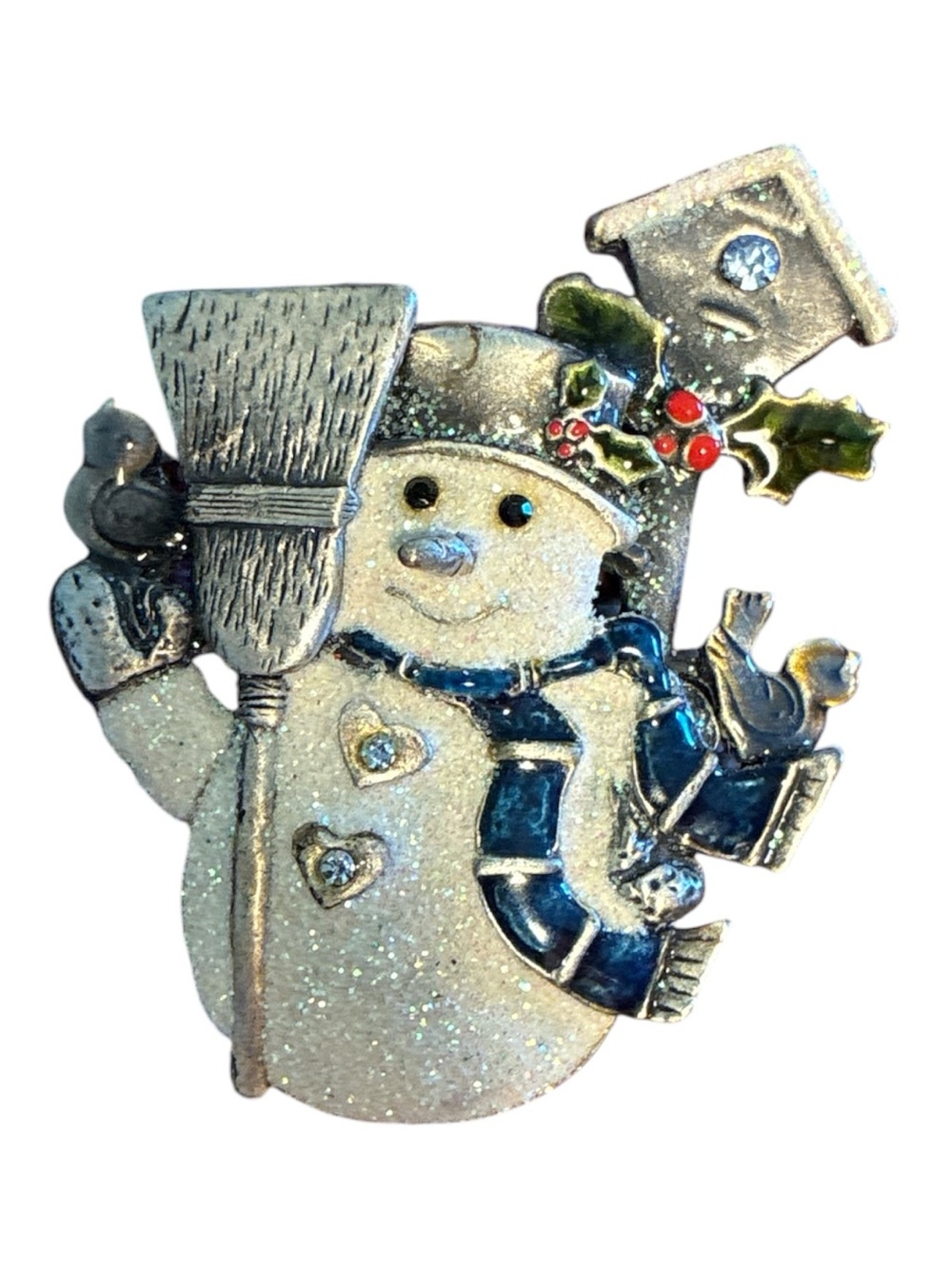 Kenneth Cole Silver Glitter Snowman Brooch with Blue Scarf and Green Holl
